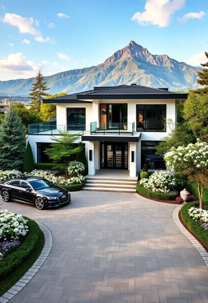 Luxury modern home with mountain views, glass balconies, and a landscaped circular driveway.