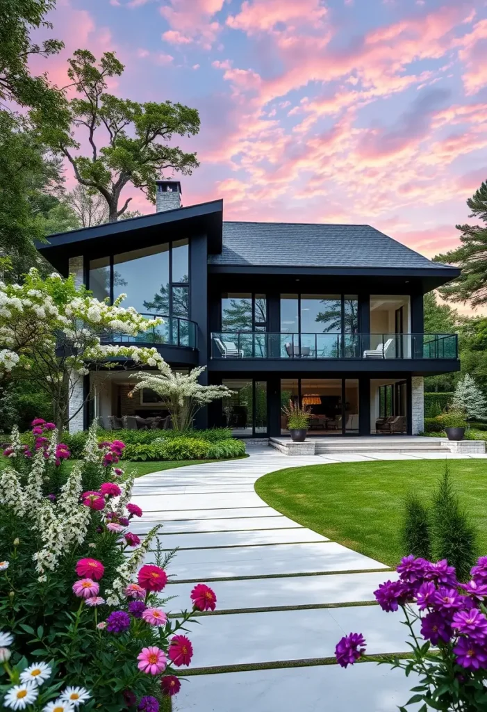 Modern black home exterior with glass windows, garden pathway, and vibrant landscaping.

