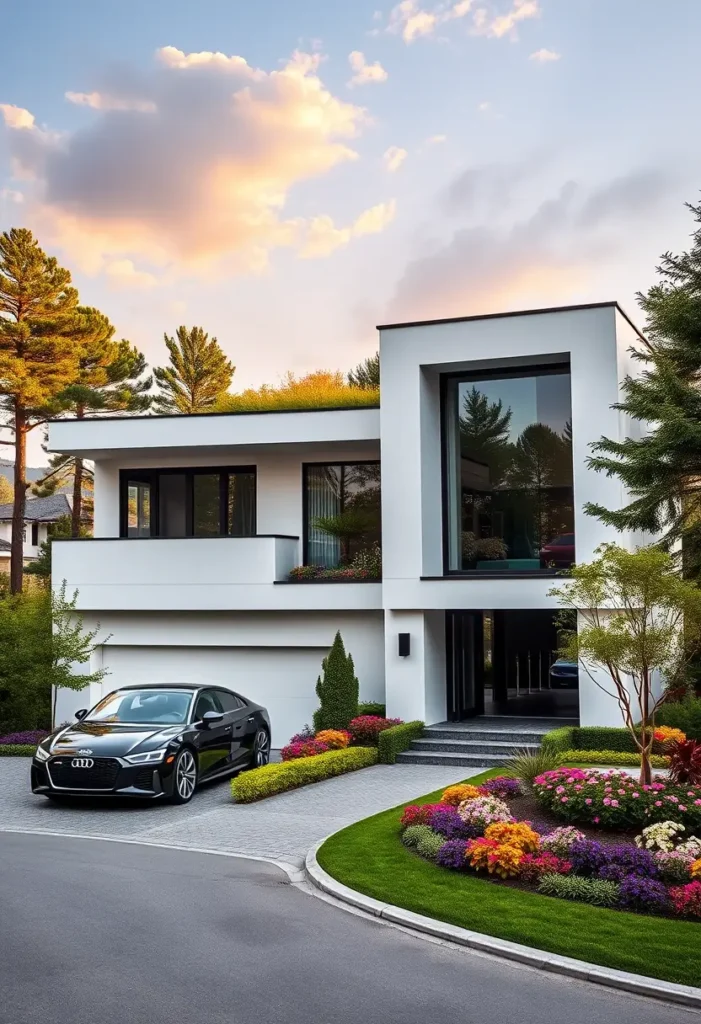 Luxury modern home with a green rooftop, geometric design, and vibrant landscaping.