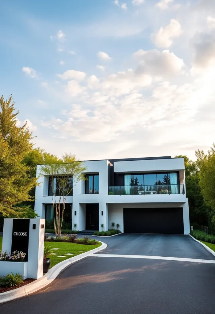 Luxury minimalist home with geometric design, glass balconies, and sleek landscaping.