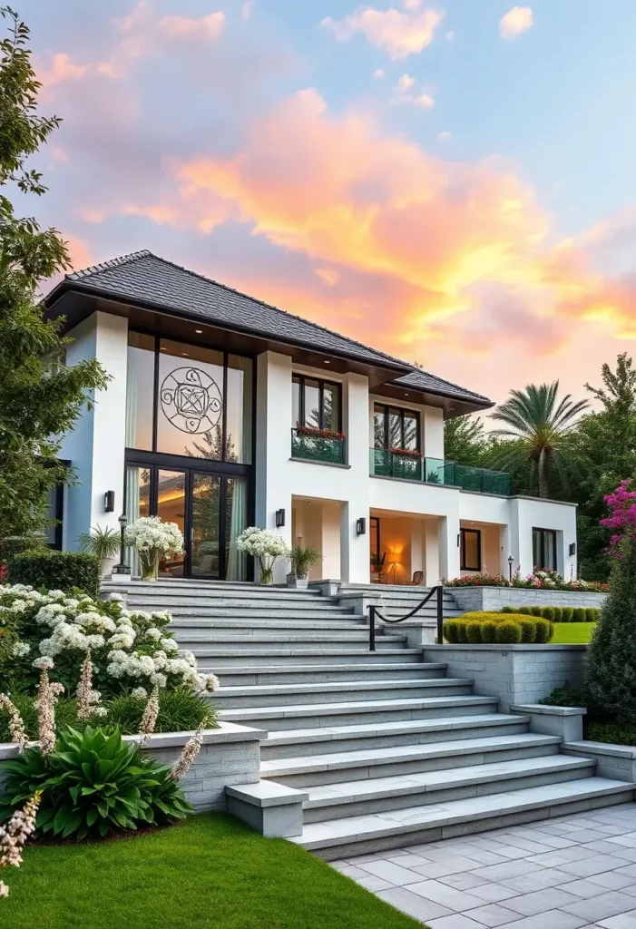 Luxury home exterior with a grand staircase, glass windows, and floral landscaping.

