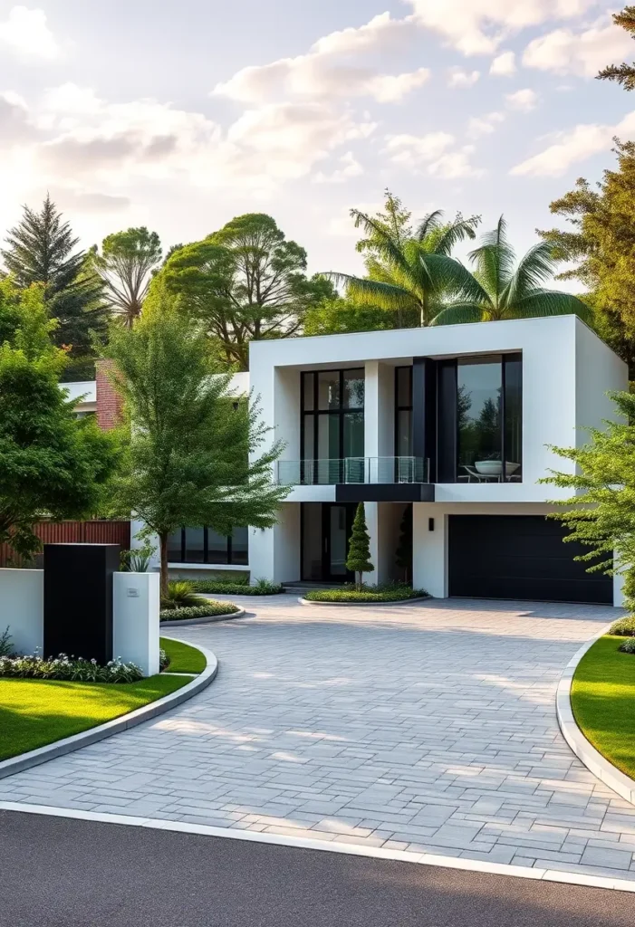 Modern white home with black accents, palm trees, and a sleek minimalist design.