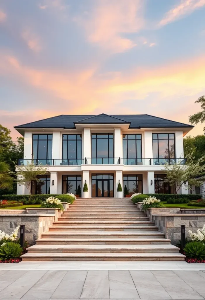 Modern luxury home with artistic windows, grand staircase, and lush landscaping.

