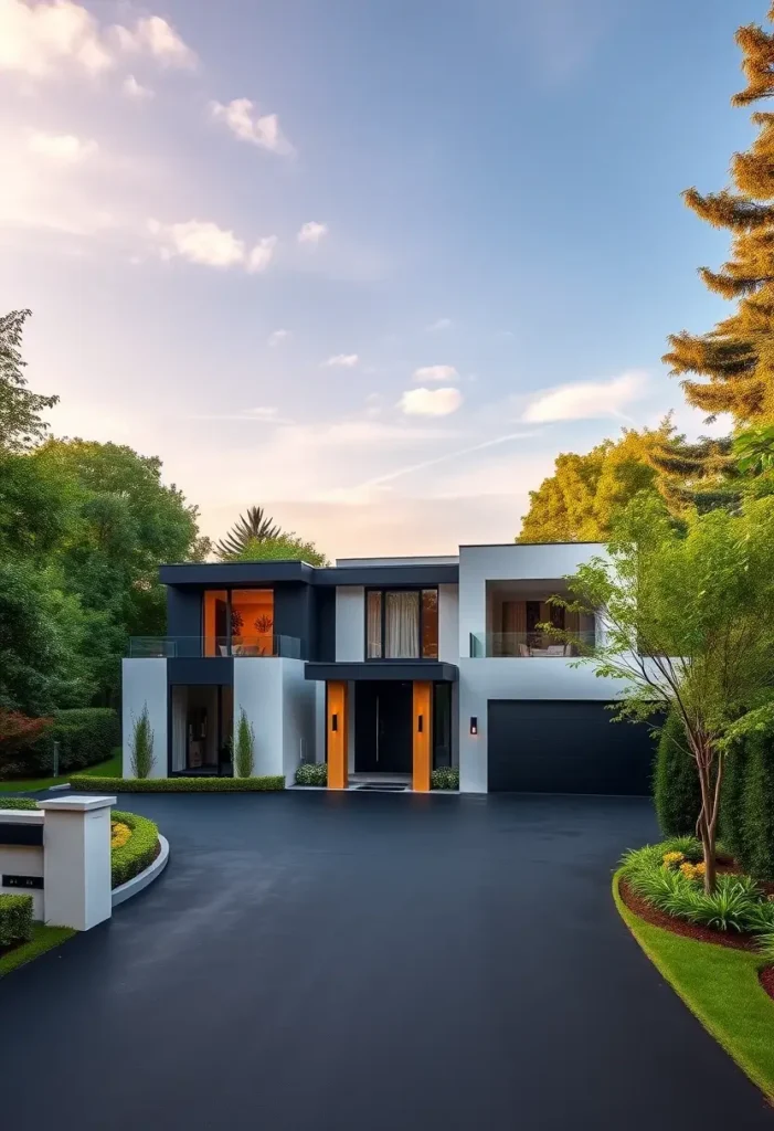 Contemporary home with bold black and white contrast, golden entrance accents, and sleek landscaping.