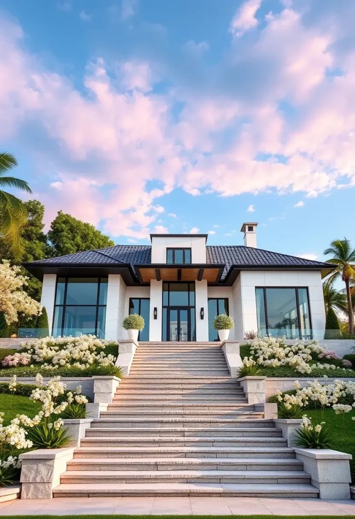 Grand staircase leading to a modern home with columns and glass-paneled windows.

