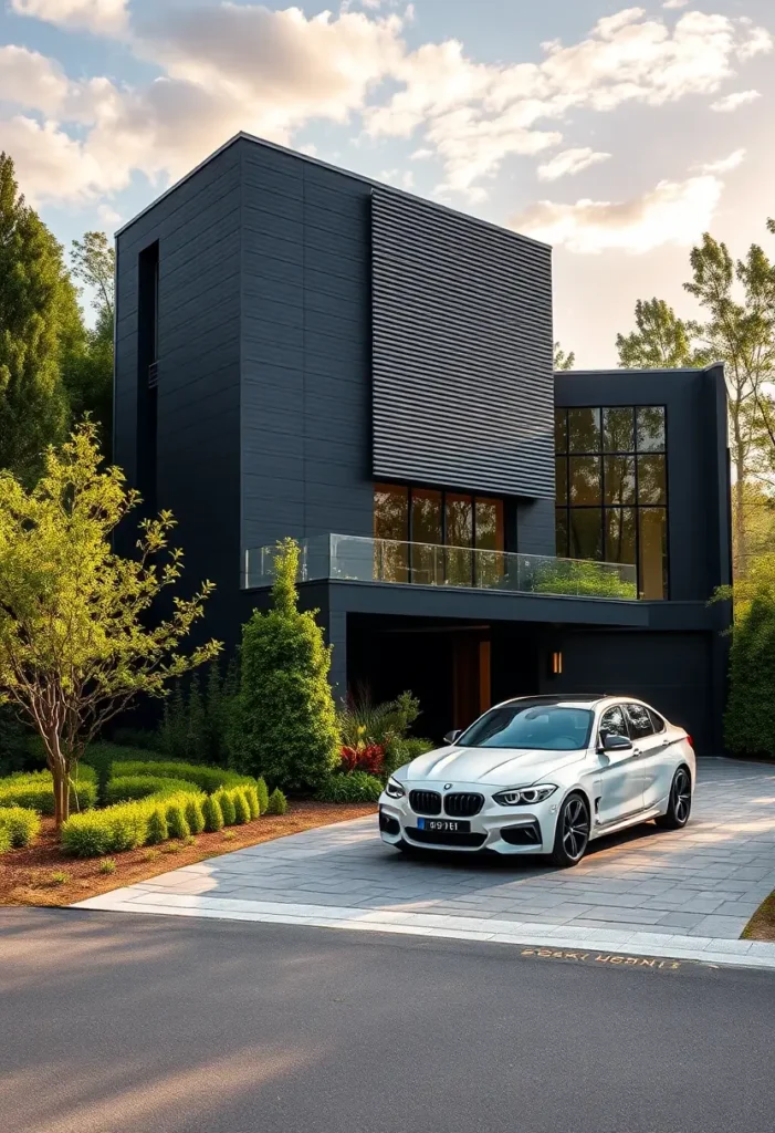 Minimalist black modern home with textured facade, large windows, and a luxury white car.