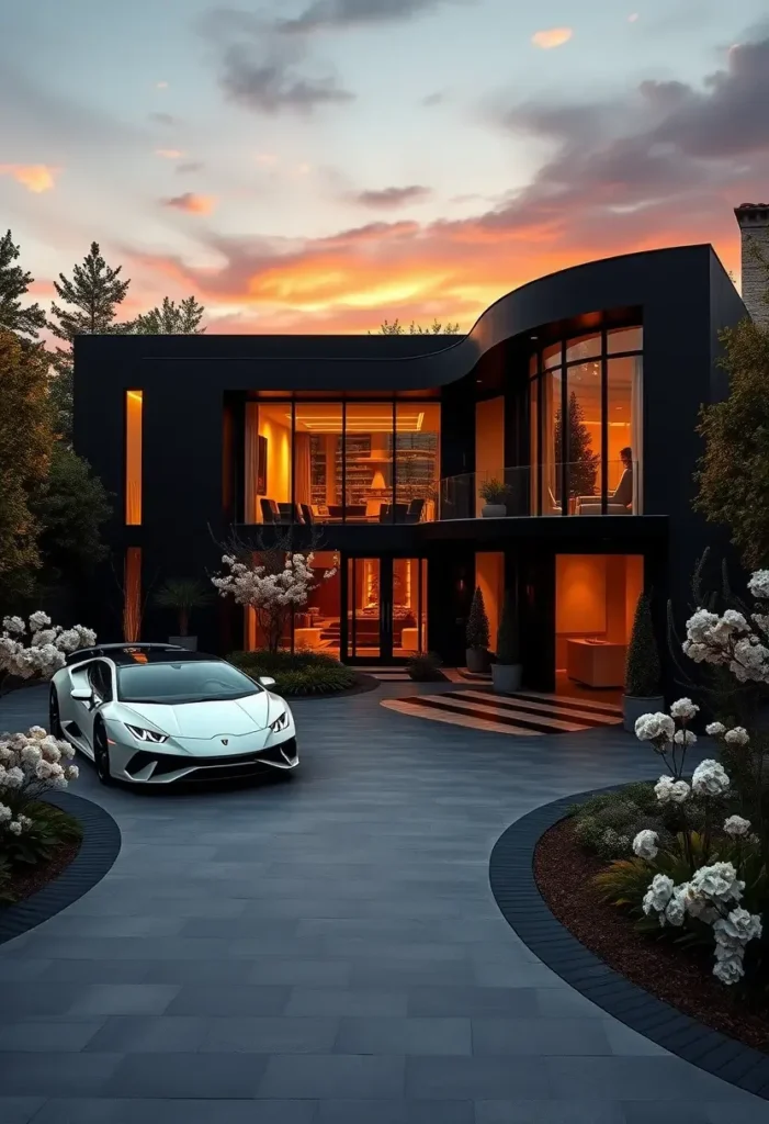 Ultra-modern black house with curved architecture, warm-lit interior, and a white Lamborghini. Jaw-Dropping Luxury Modern Home Exteriors You’ll Love