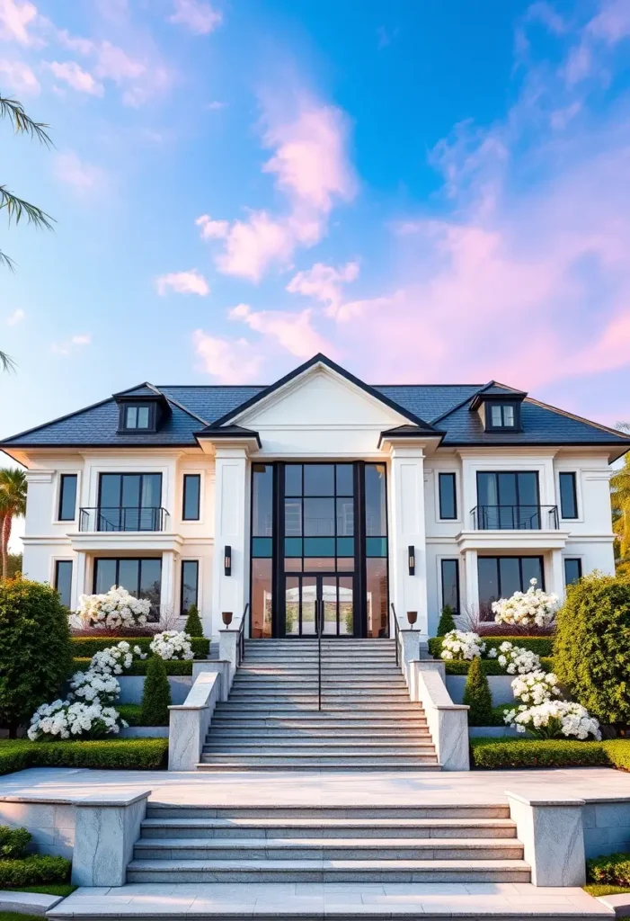 Luxury home entrance with geometric pathway, lush greenery, and large windows. - Modern Home Exteriors

