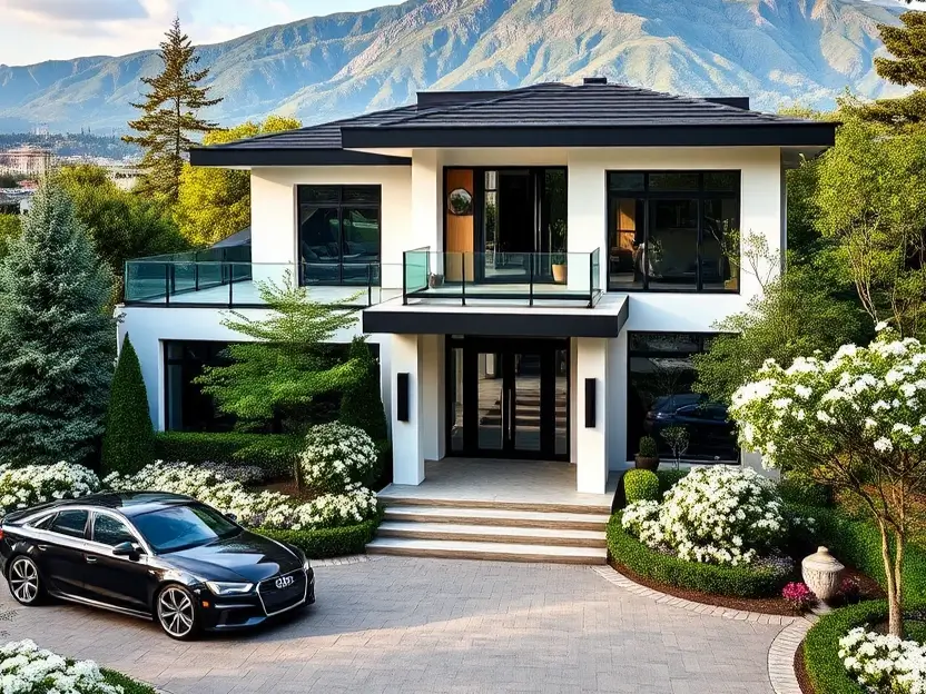 Luxury modern home with mountain views, glass balconies, and a landscaped circular driveway. II