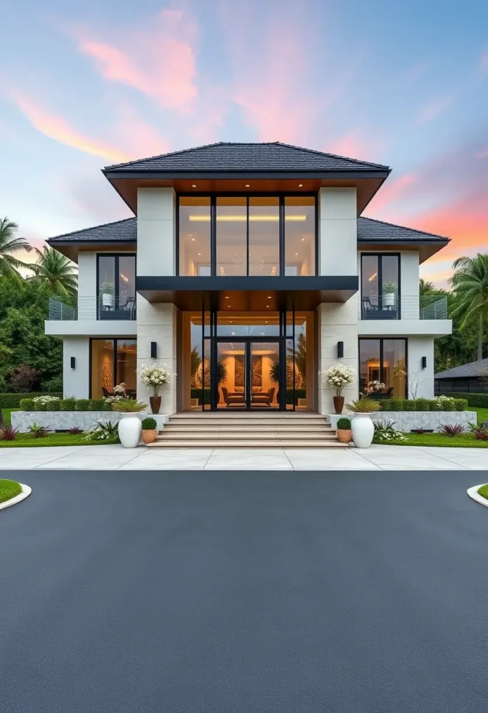 Luxury home with floor-to-ceiling glass panels and elegant landscaping. - Modern Home Exteriors

