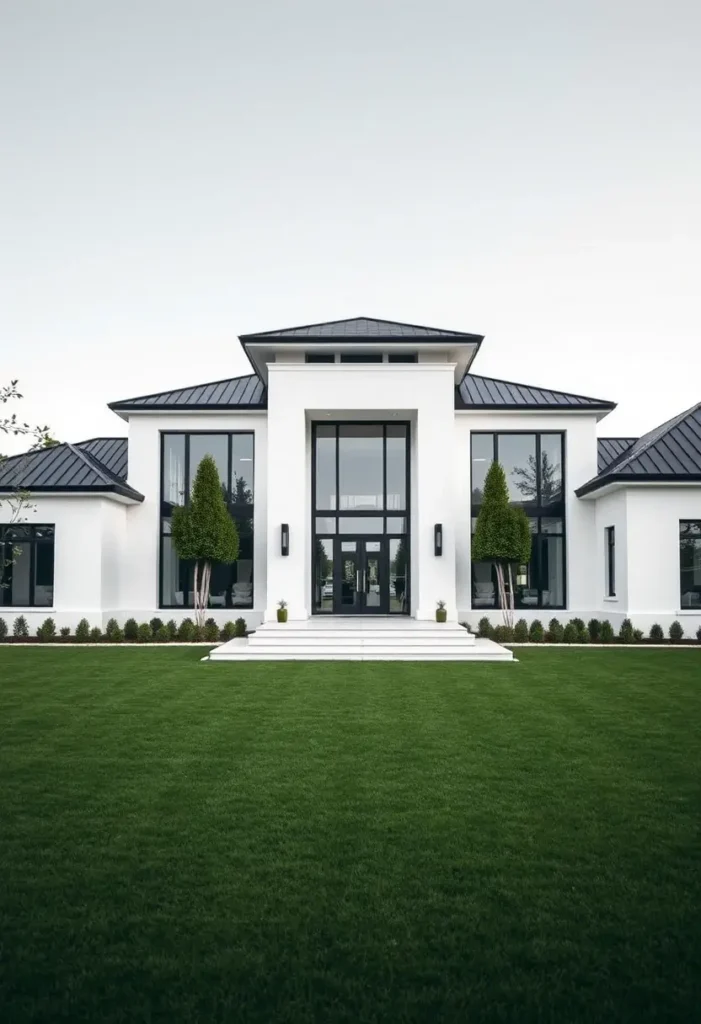 Front view of a luxury modern house with large windows, white facade, dark metal roof, and manicured lawn.