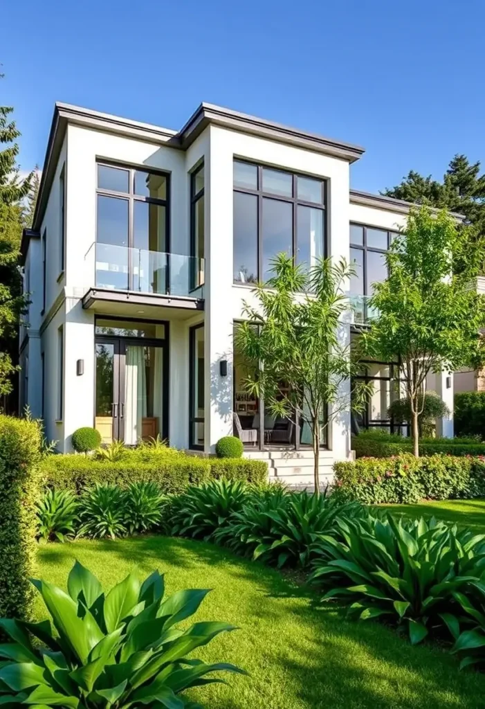 Luxury modern house with large windows, balcony, and lush garden landscaping under a clear blue sky.