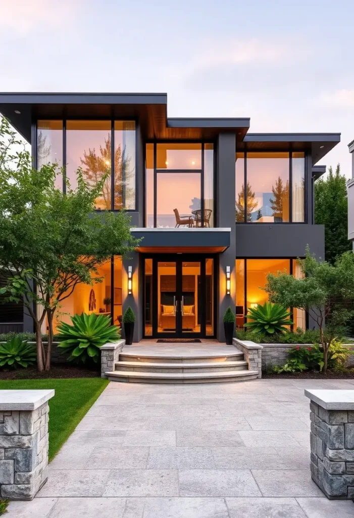 Luxury modern house with charcoal facade, glowing interior lighting, large windows, curved steps, and landscaped greenery.