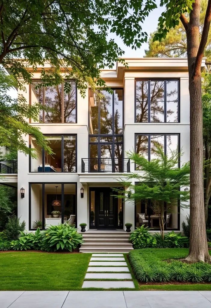 Luxury modern house with floor-to-ceiling windows, black double door, landscaped greenery, and a minimalist stone pathway.