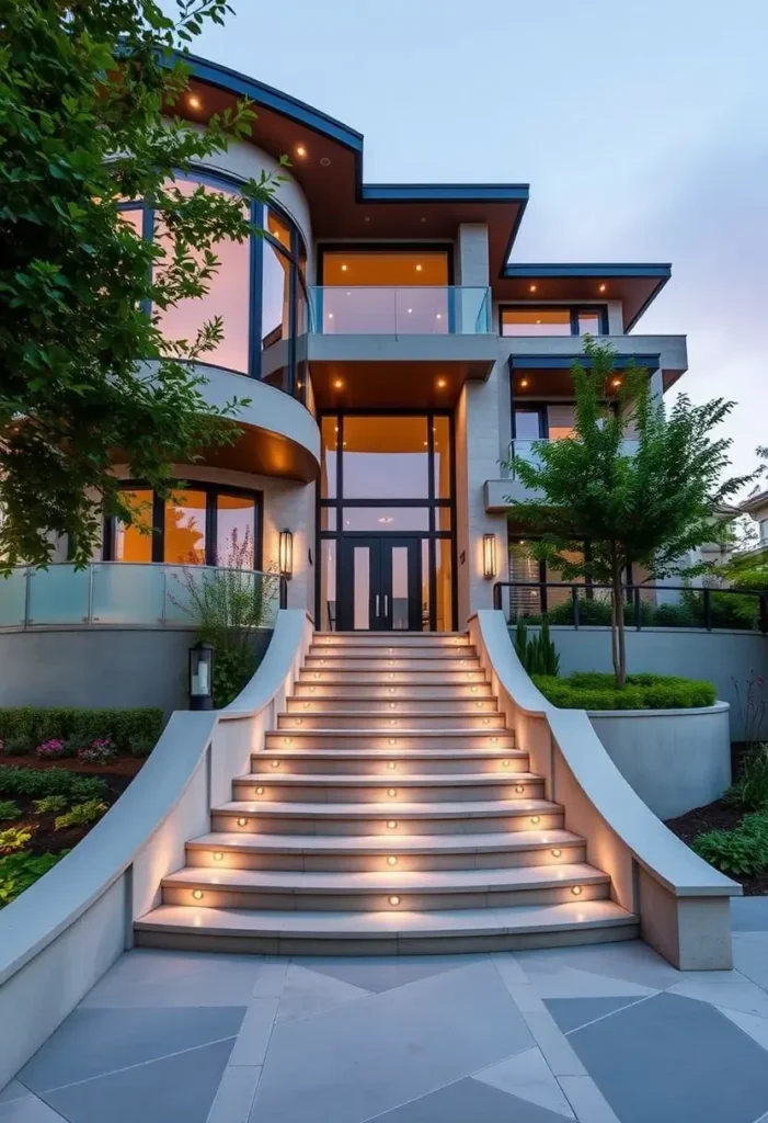 Luxury modern house with curved balconies, illuminated grand staircase, glass entrance, and landscaped surroundings.