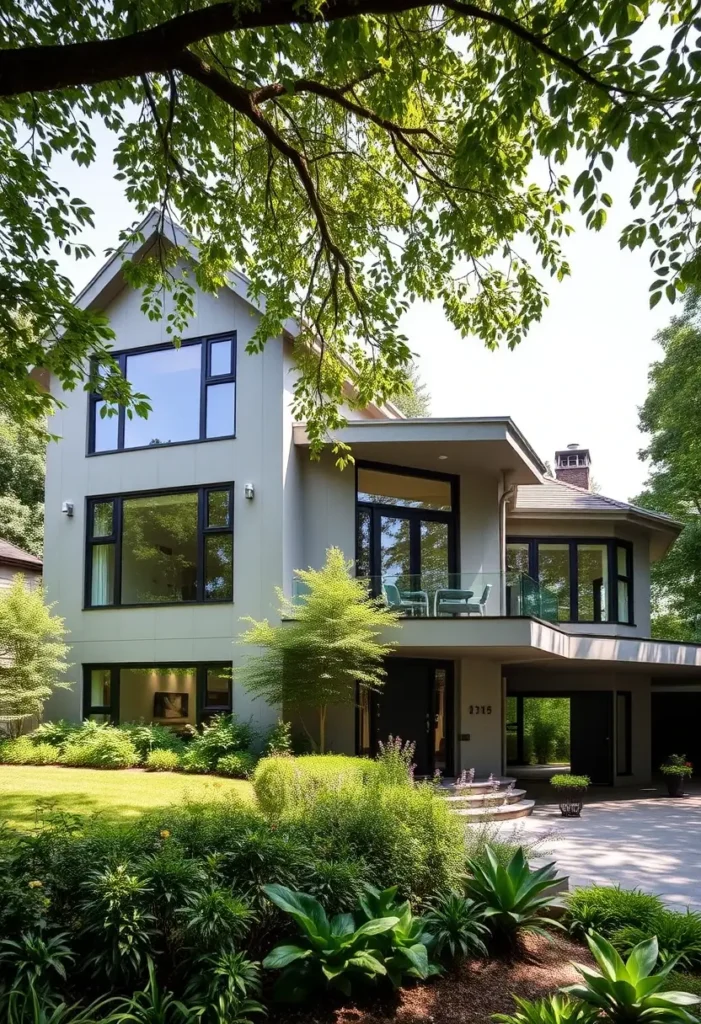 Luxury modern house with large windows, balcony, covered patio, and lush landscaping under a canopy of trees.