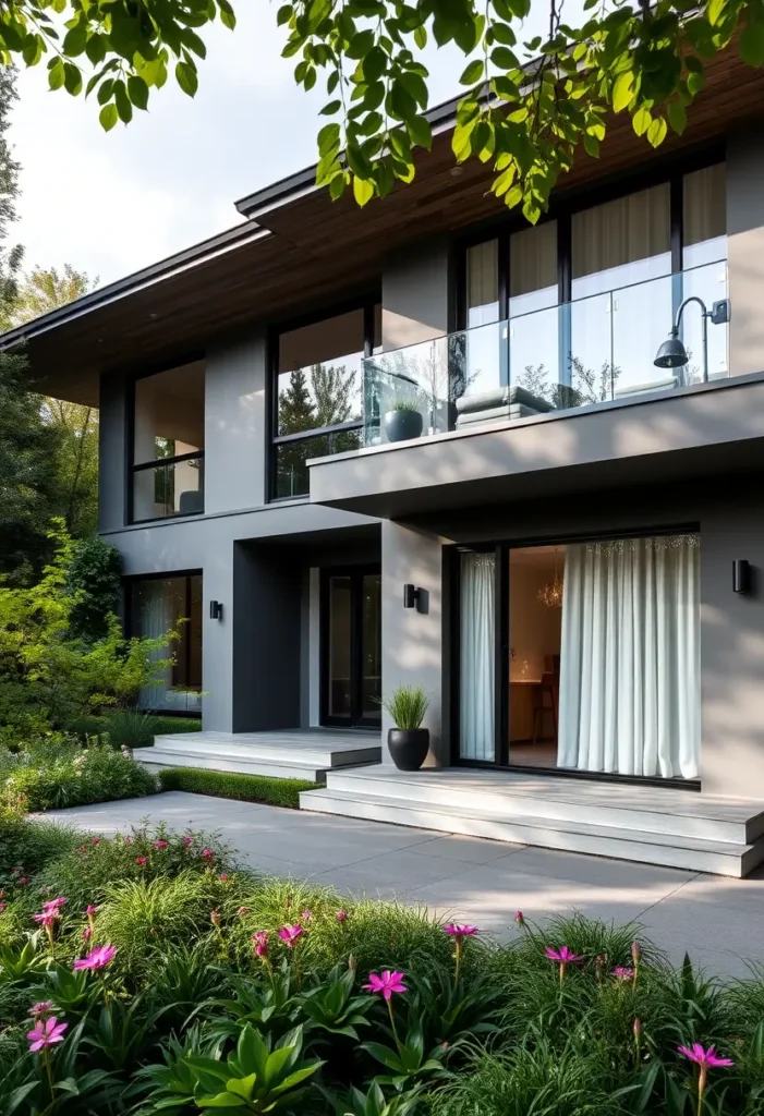 Luxury modern house with glass balcony, muted exterior tones, landscaped garden, and vibrant flower beds.