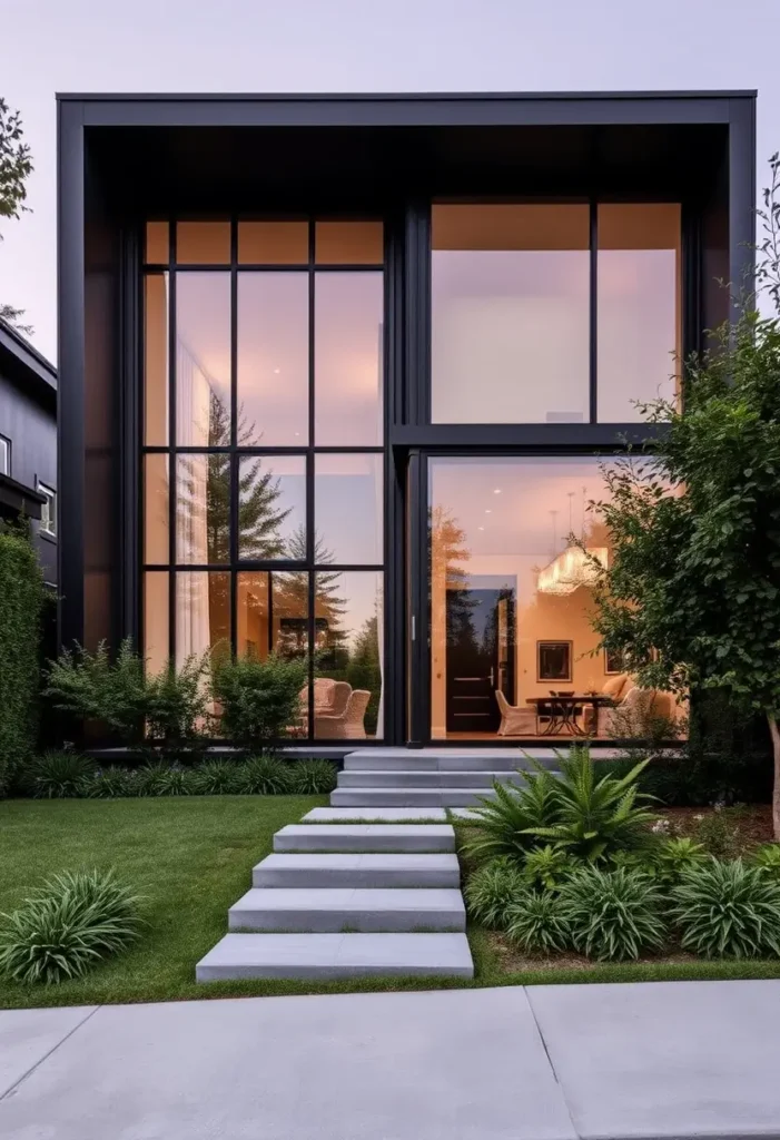 Luxury modern house with floor-to-ceiling glass panels, black frame, minimalist design, and warm interior lighting.