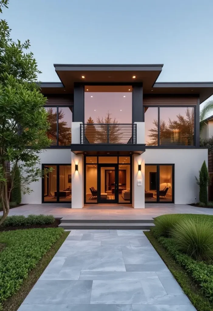 Luxury modern house with symmetrical facade, glass doors, balcony, warm interior lighting, and landscaped pathway.