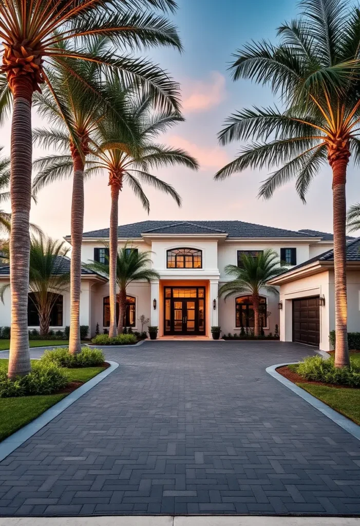 Luxury modern house with palm trees, grand entrance, paved driveway, warm lighting, and tropical landscaping.