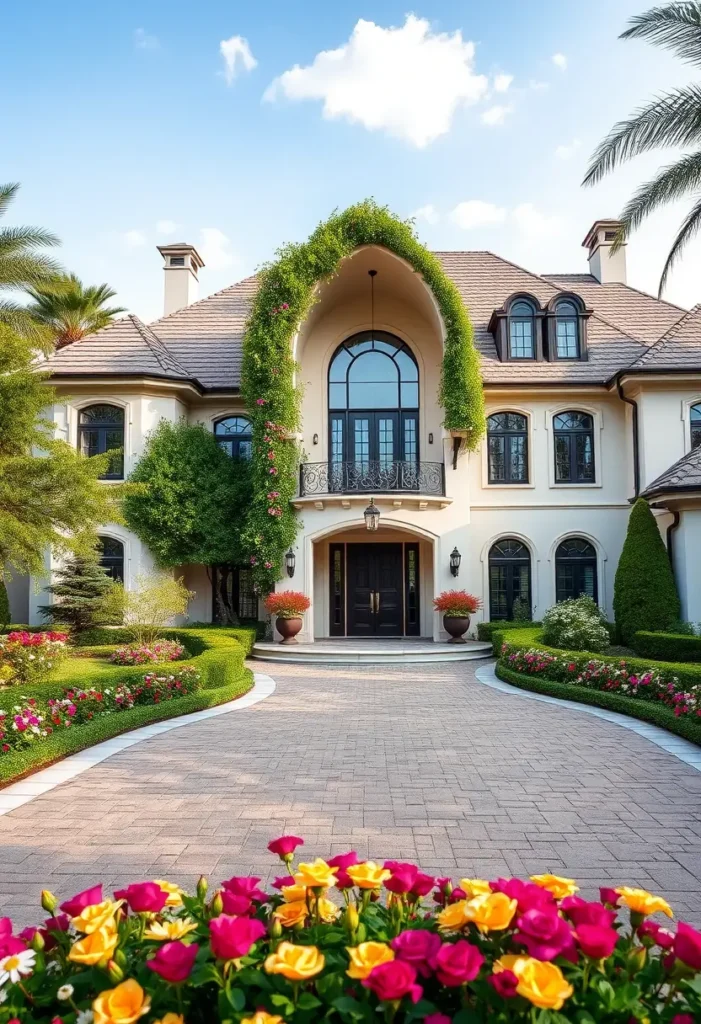 Luxury modern house with arched entry, climbing greenery, paved driveway, symmetrical windows, and colorful flowerbeds.