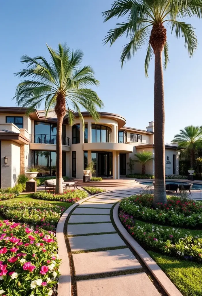 Luxury modern house with curved facade, palm trees, landscaped pathway, colorful flowerbeds, and tropical design elements.