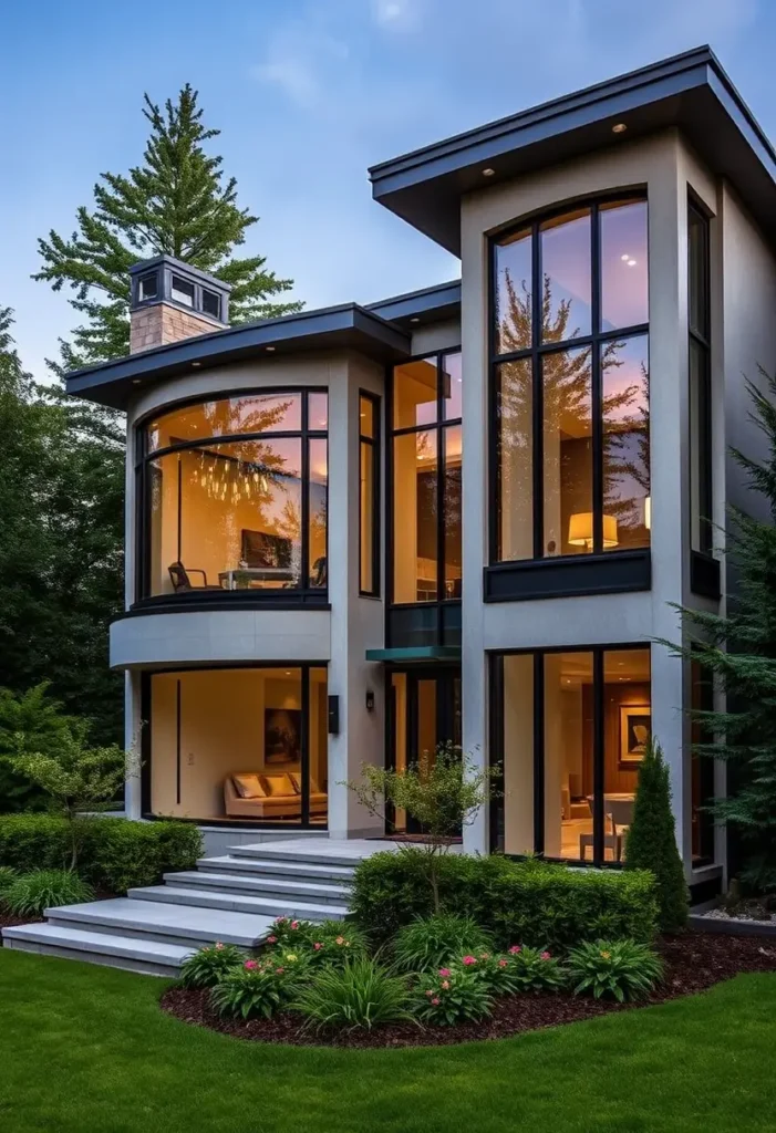 Luxury modern house with curved glass panels, warm interior lighting, sleek architecture, and landscaped greenery in a forest setting.