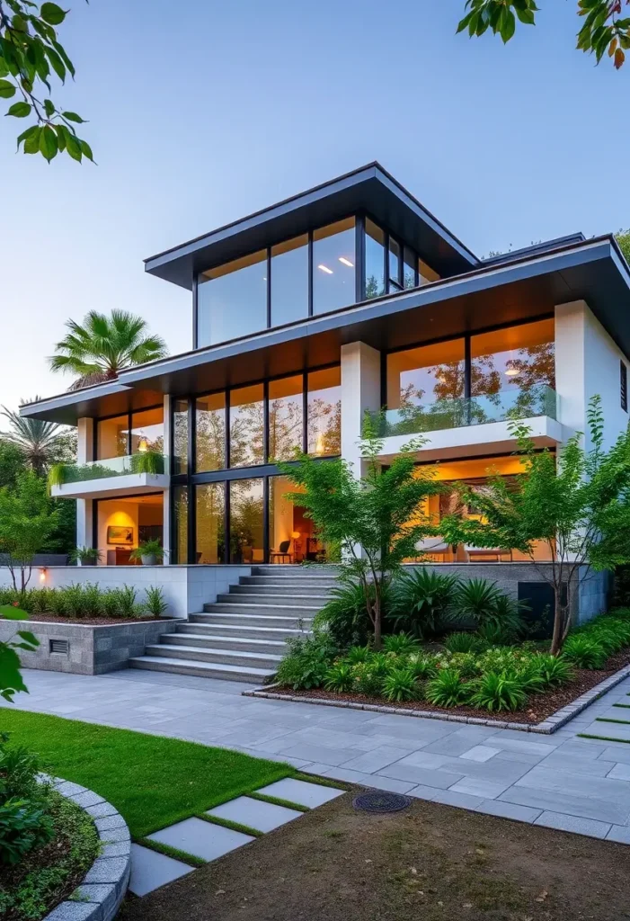 Luxury modern house with floor-to-ceiling windows, multi-level design, glass railings, wide steps, and landscaped greenery.