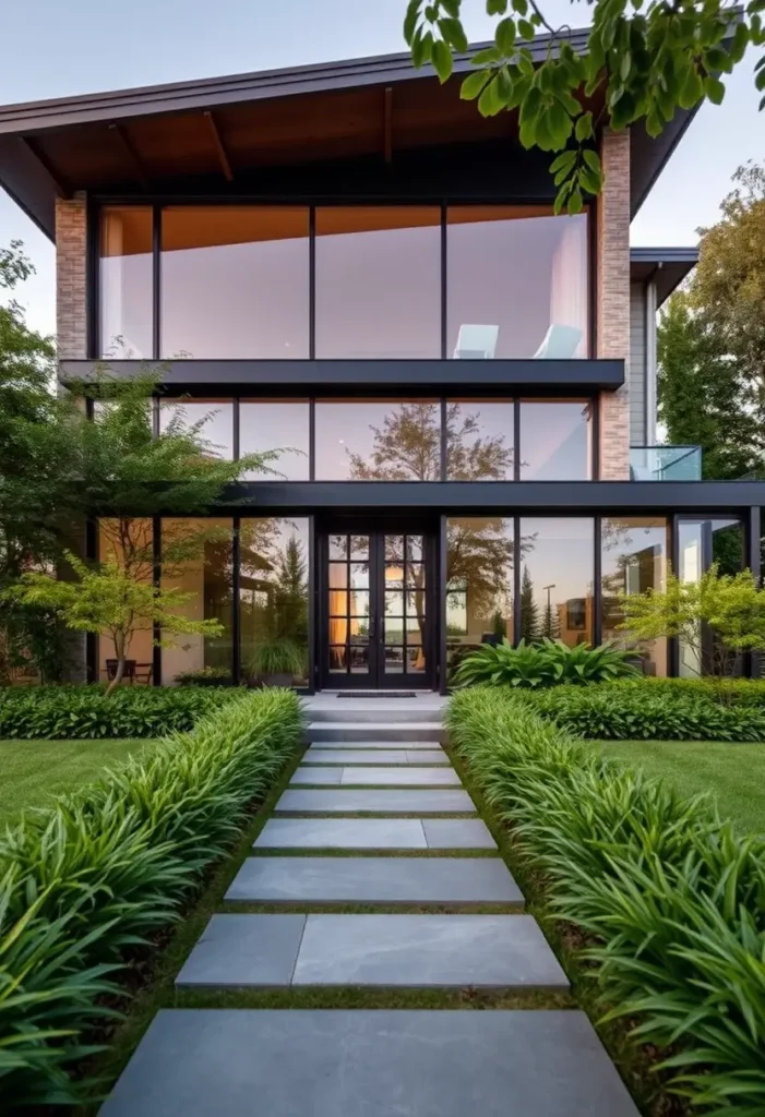 Luxury modern house with expansive glass facade, minimalist stone pathway, lush greenery, and sleek architectural design.