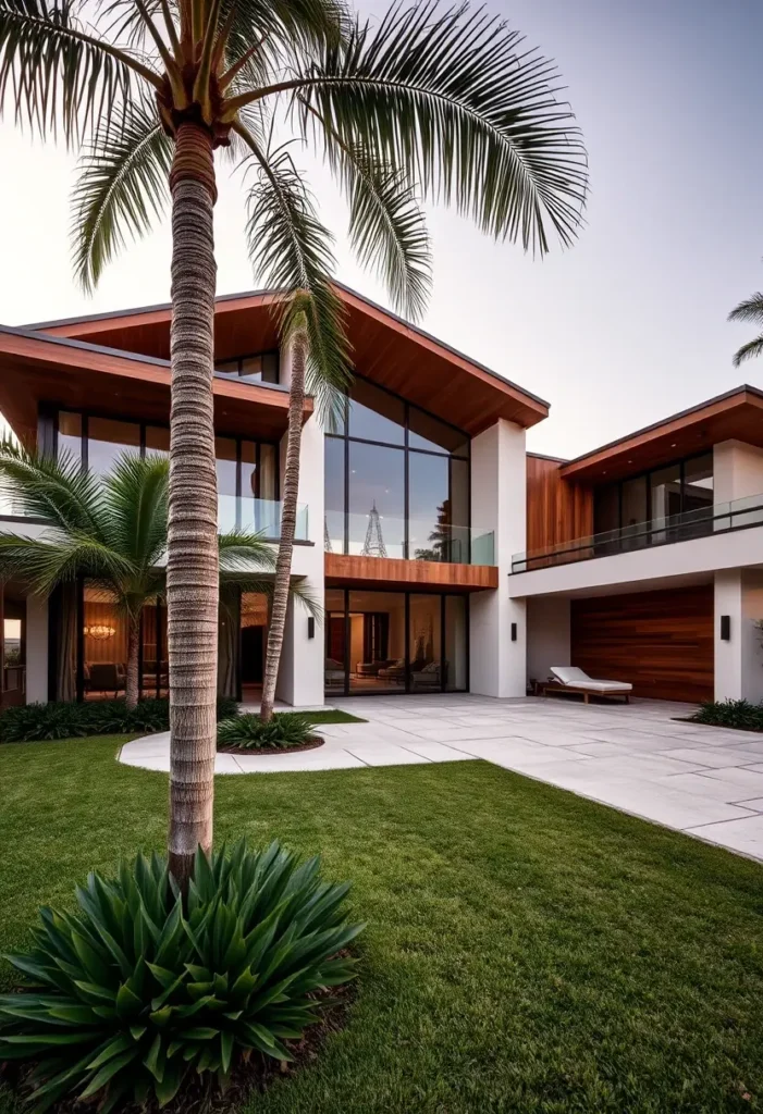 Luxury modern house with glass panels, wood accents, palm trees, lush lawn, and tropical-inspired design.