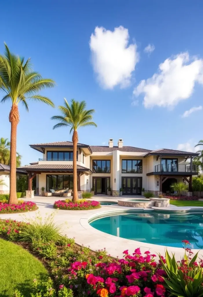 Luxury modern house with a resort-style pool, vibrant flowerbeds, palm trees, balconies, and covered patios.