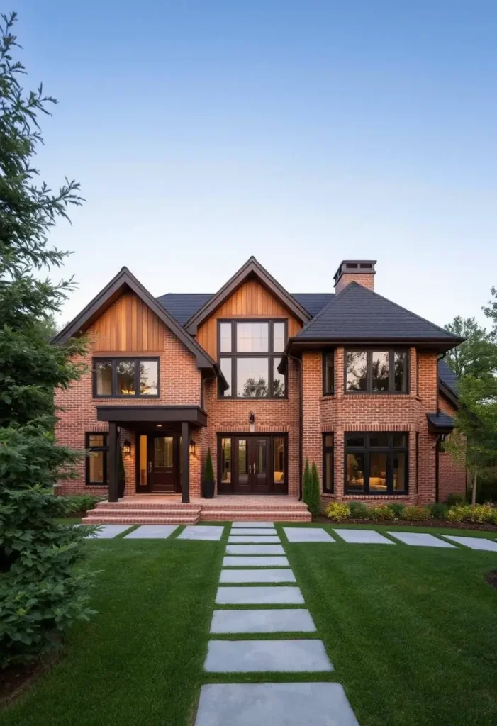 Luxury modern brick house with large windows, warm wood accents, symmetrical stone pathway, and manicured lawn.