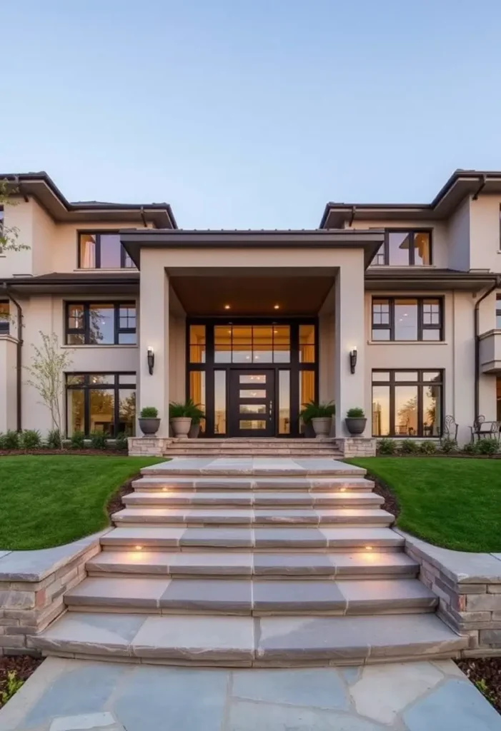 Luxury modern house with illuminated steps, large windows, symmetrical design, and lush landscaping.