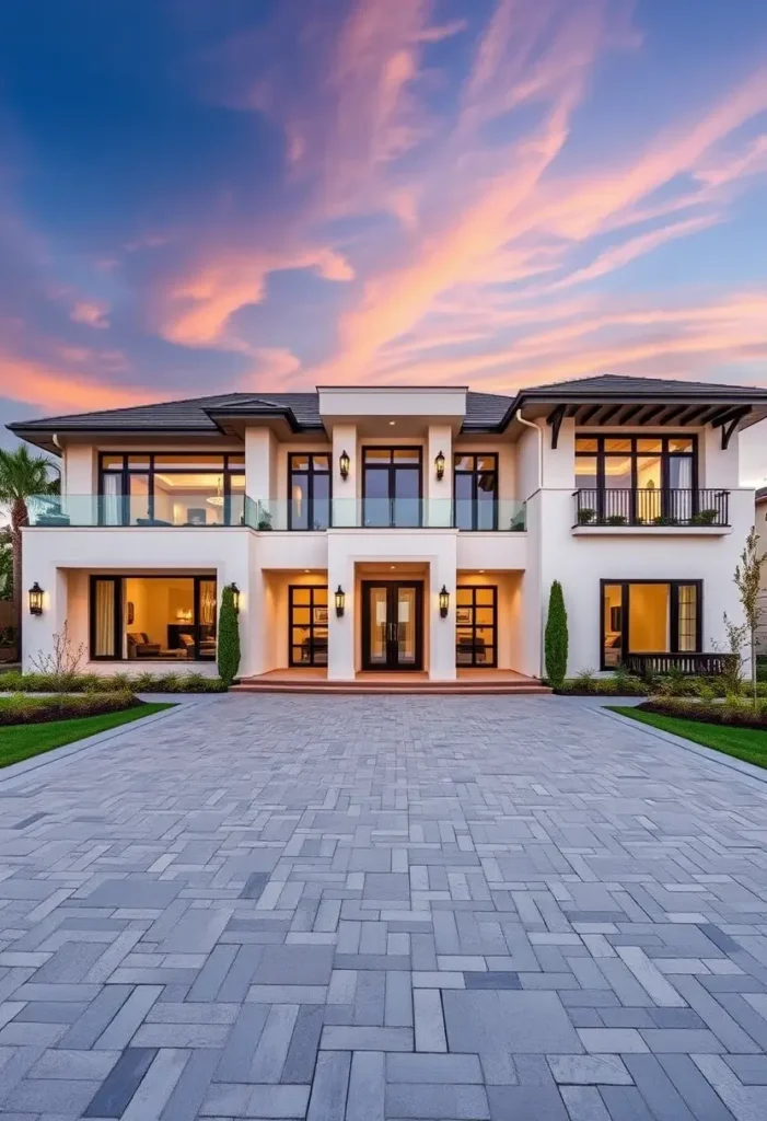 Luxury modern house with glass balconies, paved driveway, symmetrical design, and a stunning sunset backdrop.