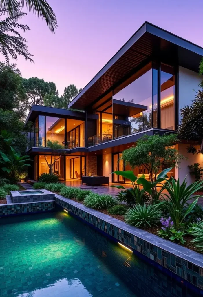 Luxury modern house with glass walls, warm lighting, poolside setting, lush greenery, and sleek architectural design.