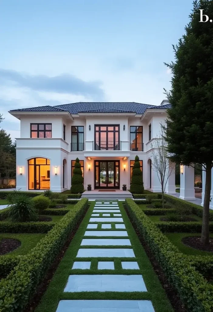 Luxury modern house with symmetrical design, geometric stone pathway, manicured hedges, and topiary trees.