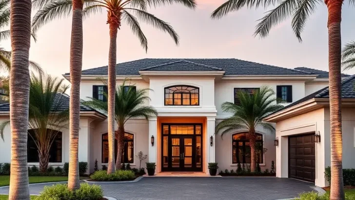 Luxury modern house with palm trees, grand entrance, paved driveway, warm lighting, and tropical landscaping.