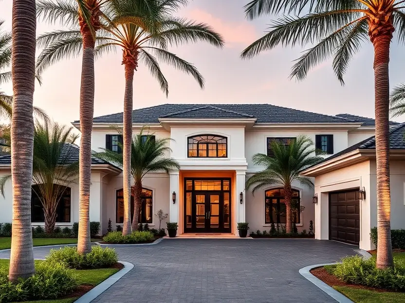 Luxury modern house with palm trees, grand entrance, paved driveway, warm lighting, and tropical landscaping.