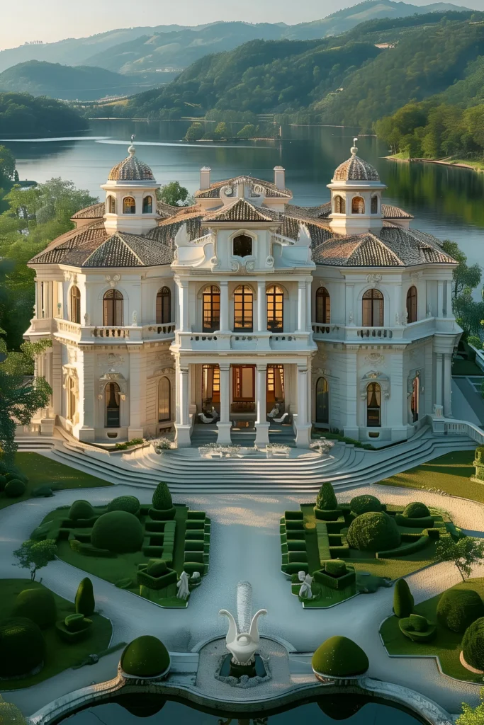 Neoclassical mansion with domed rooftops, sweeping terraces, sculpted hedges, fountains, and a serene lake surrounded by rolling hills.