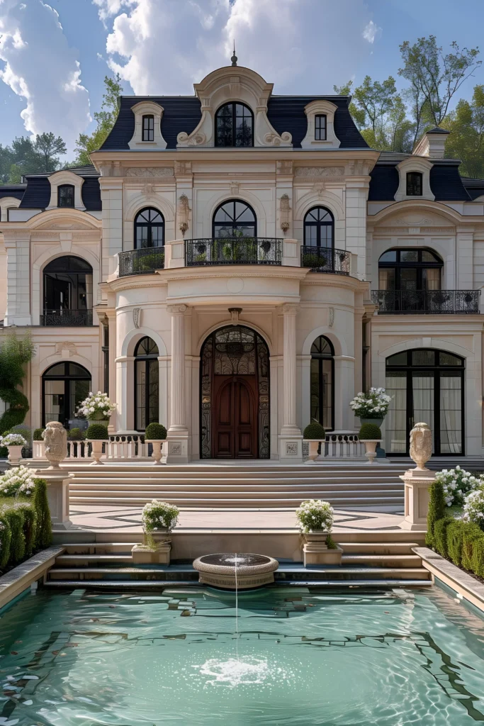 French-style chateau with arched windows, a grand columned entrance, a courtyard fountain, and meticulously landscaped surroundings.