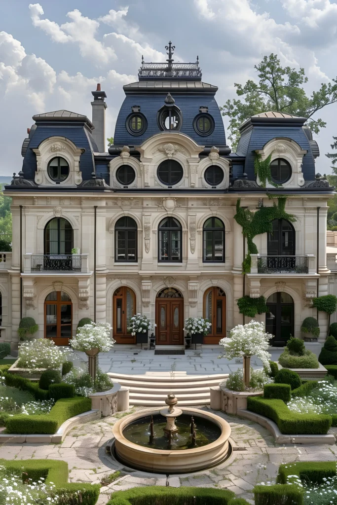 French chateau with mansard roofs, circular windows, intricate stone detailing, a central fountain, and lush gardens.