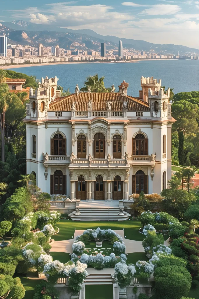 Mediterranean villa with terracotta roofs, arched windows, intricate stone detailing, vibrant gardens, and stunning views of the coastline and city skyline.