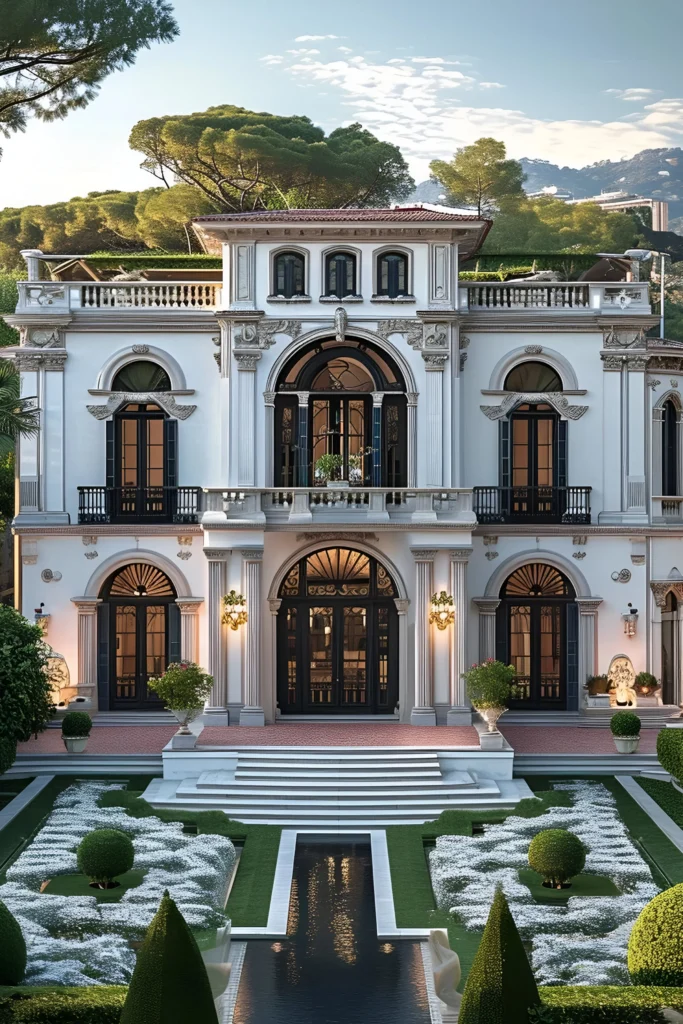 Elegant villa with arched windows, ornate cornices, symmetrical architecture, a reflecting pool, and lush, manicured gardens framed by verdant hills.