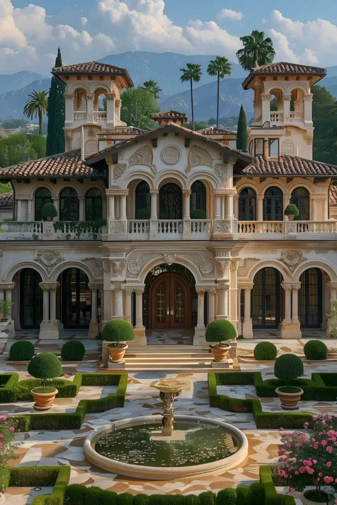 Mediterranean mansion with ornate archways, terracotta roof tiles, carved stone details, a courtyard fountain, and symmetrical topiary gardens framed by palm trees and mountains.