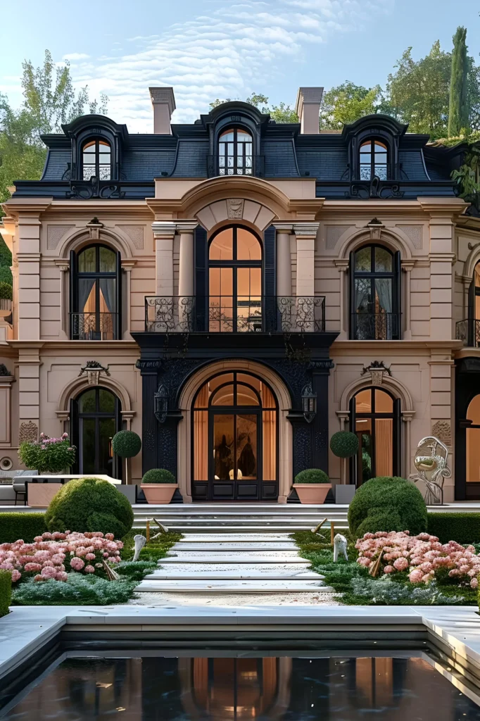 Elegant French-inspired mansion with arched windows, wrought-iron balcony details, blooming gardens, and a serene reflecting pool.