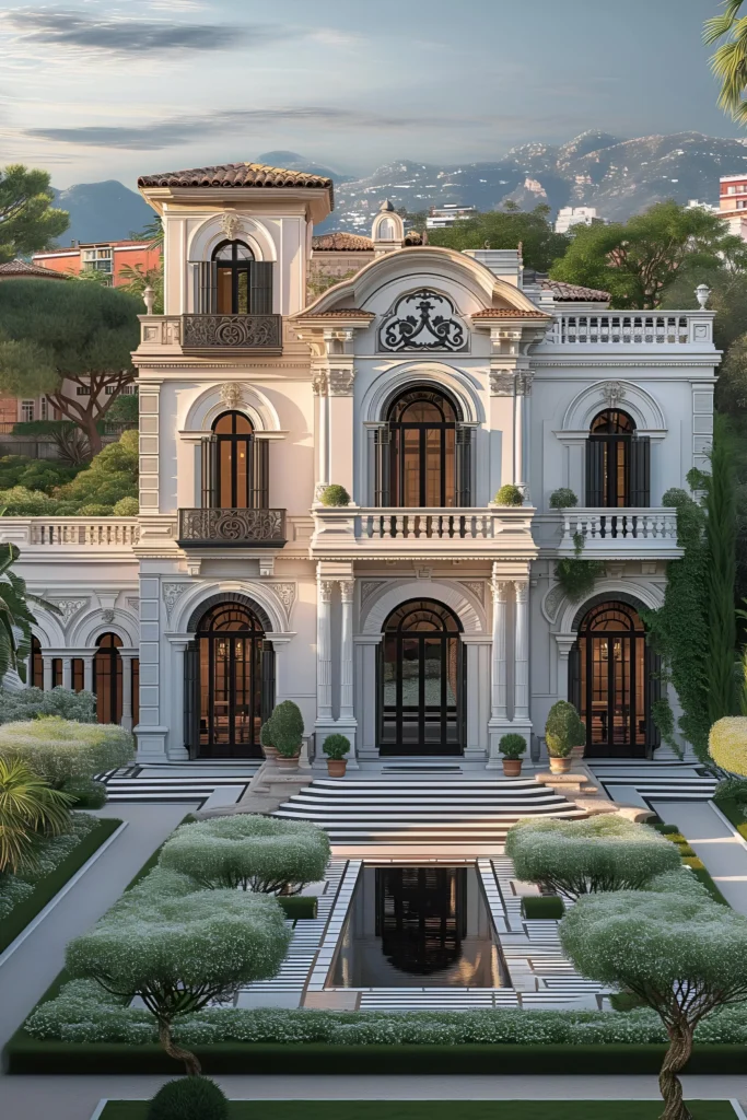 Neoclassical villa with ornate balconies, arched windows, detailed cornices, a sleek reflecting pool, manicured hedges, and lush greenery in the background.