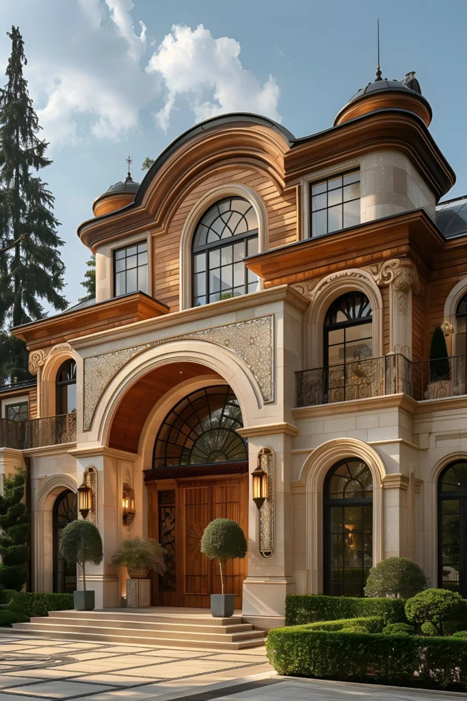 Modern mansion with an arched wooden entryway, intricate stone details, large arched windows, natural wood accents, and lush topiary landscaping.