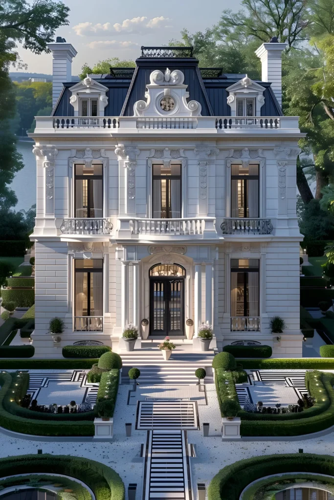 Parisian-style mansion with a mansard roof, ornate cornices, symmetrical design, intricate ironwork, and landscaped garden paths by a serene lake.