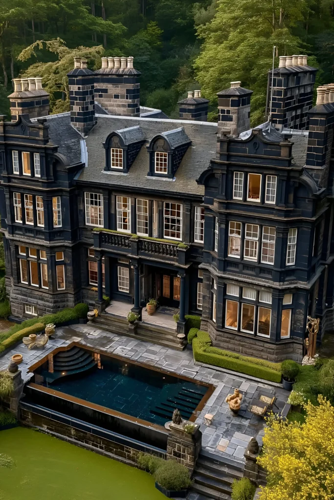 Gothic Revival mansion with dark stone facades, gabled roofs, towering chimneys, a reflective pool, and lush greenery.