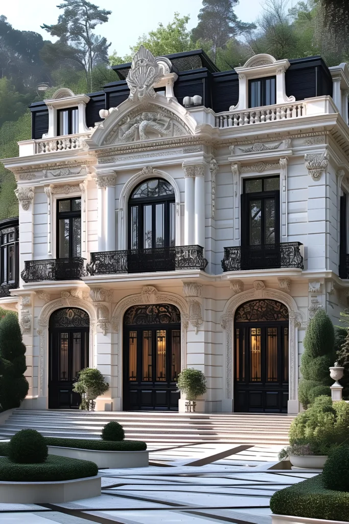 Parisian mansion with intricate carvings, wrought-iron balconies, arched windows, a grand entrance, and manicured landscaping.